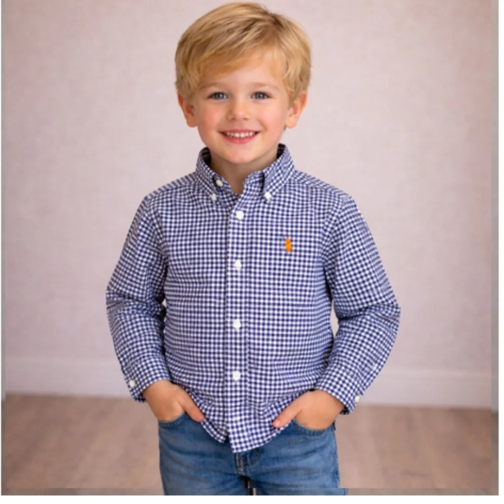Ralph Lauren Boys Navy Gingham Style Button Down Shirt